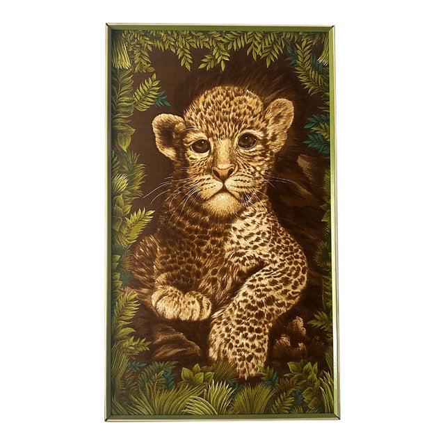 1970 Leopard Cub Wesco Reltex Framed Fabric on Board For Sale