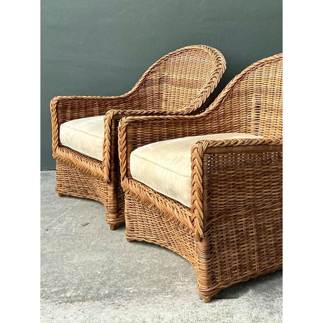 Wood Vintage Braided Rattan Lounge Chairs - Pair For Sale - Image 7 of 18