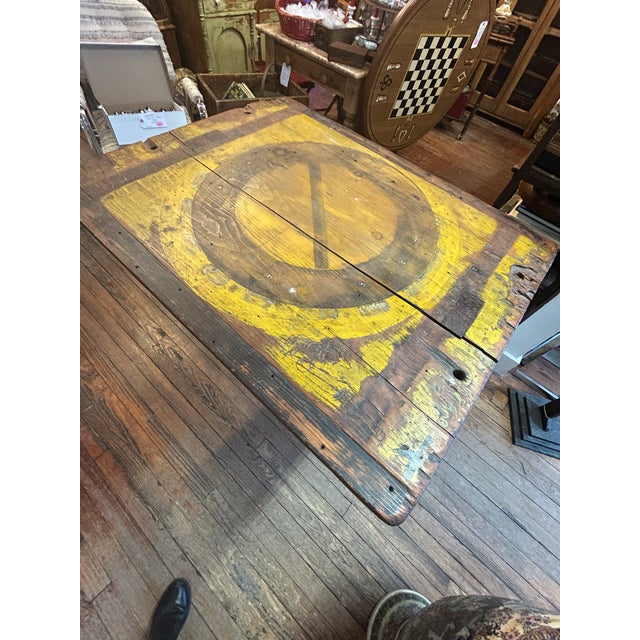 Industrial Salvaged Tilt Top Wood Work Table With Iron Base For Sale - Image 10 of 18
