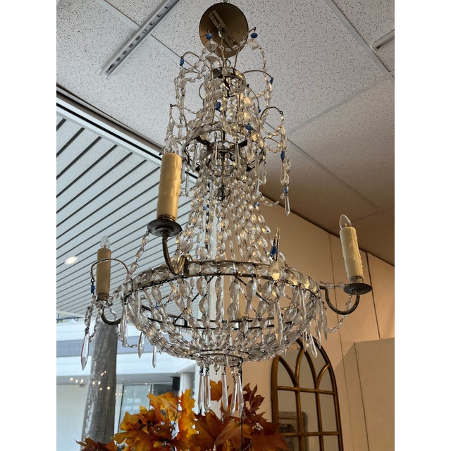 20th Century Swedish/ Gustavian 4 Light Chandelier, with cascading clear and blue crystals Rewired