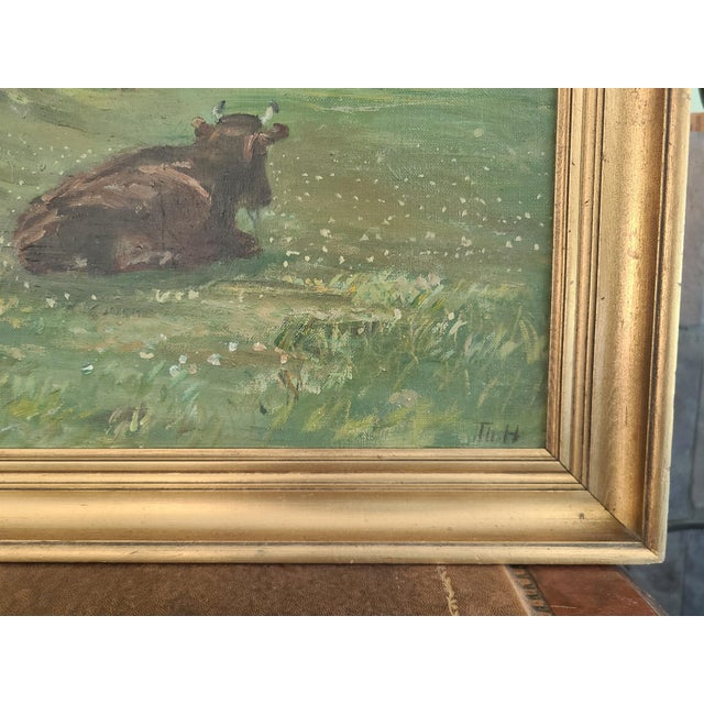1930s Oil Painting Rural Countryside Landscape With Cow For Sale - Image 13 of 16