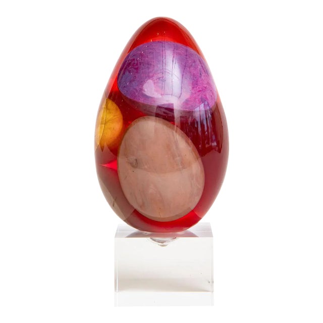 Vintage Resin Ovoid Sculpture on Custom Lucite Base Red, Tan, Purple, Gray, Yellow For Sale