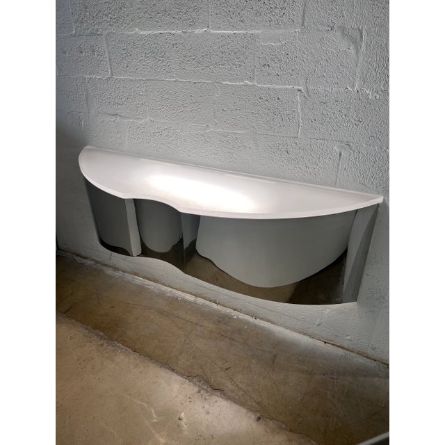 Chrome Mid-Century Custom Polished Steel and Frosted Lucite Illuminated Floating Wall Shelf or Console For Sale - Image 8 of 13