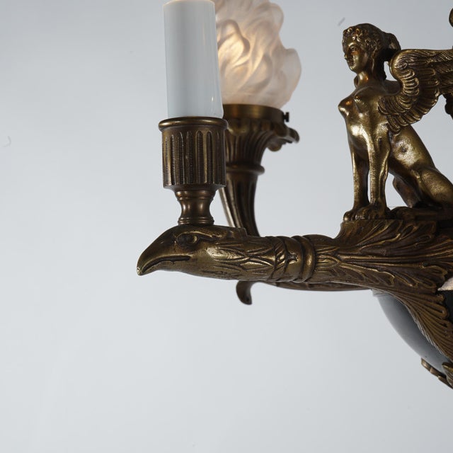 1930s French Empire Bronzed & Ebonized Figural Sphinx 6-Light Chandelier For Sale - Image 4 of 11