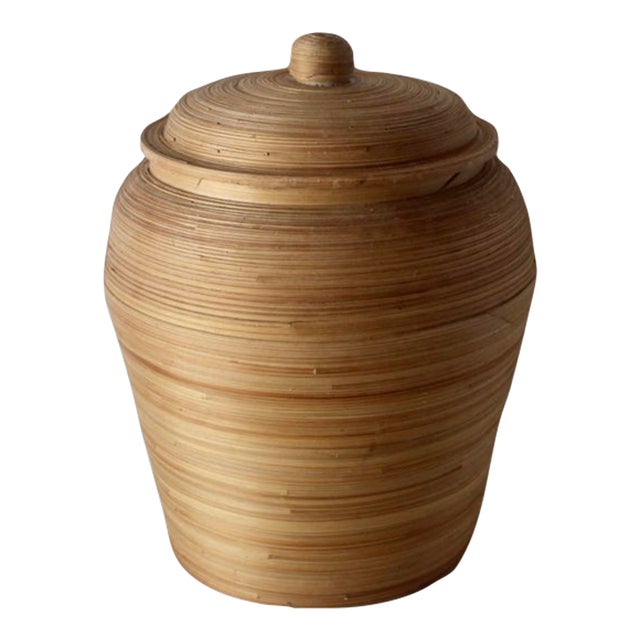 Vintage Vivai Del Sud Italian Style Lidded Bamboo Reed Storage Basket For Sale