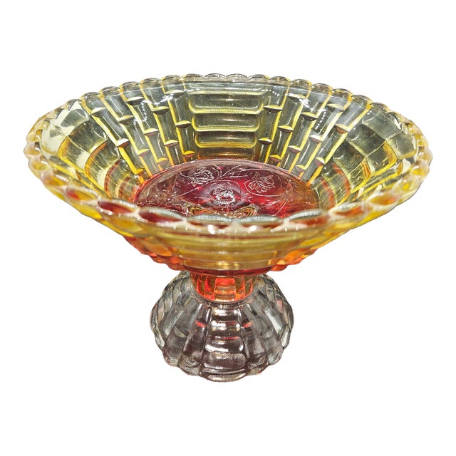 Vintage 1950s Jeannette Glass Louisa Amberina Pattern Pedestal Fruit Bowl. For Sale