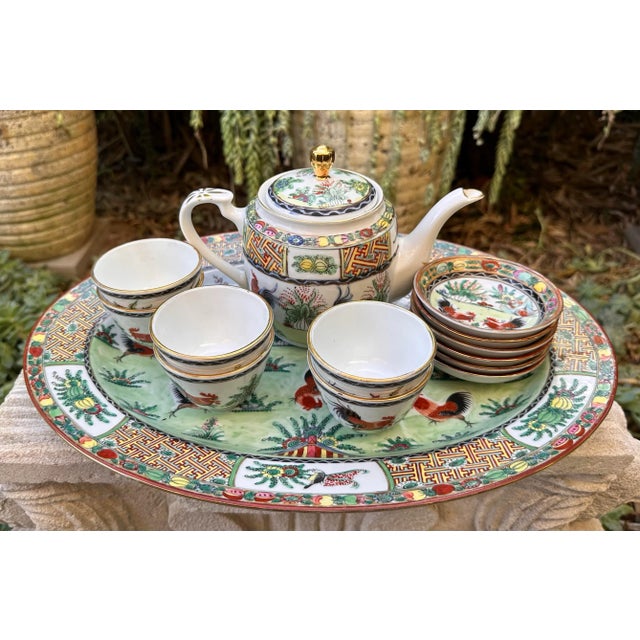 Vintage Chinese Hand Painted Porcelain Rooster Chinoiserie Motif 14 Piece Tea Set. This stunningly beautiful hand painted...
