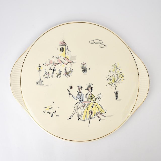Mid Century Grünstadt Germany Pottery Ceramic Cake Plate "Café de Paris" Vintage 1950s Platter Creme Off white Ivory Gold Rim | French For Sale - Image 12 of 12