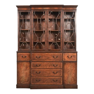 Baker Furniture Georgian Carved Mahogany Breakfront Bookcase Cabinet With Secretary Desk For Sale