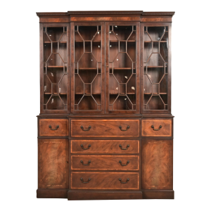 Baker Furniture Georgian Carved Mahogany Breakfront Bookcase Cabinet With Secretary Desk