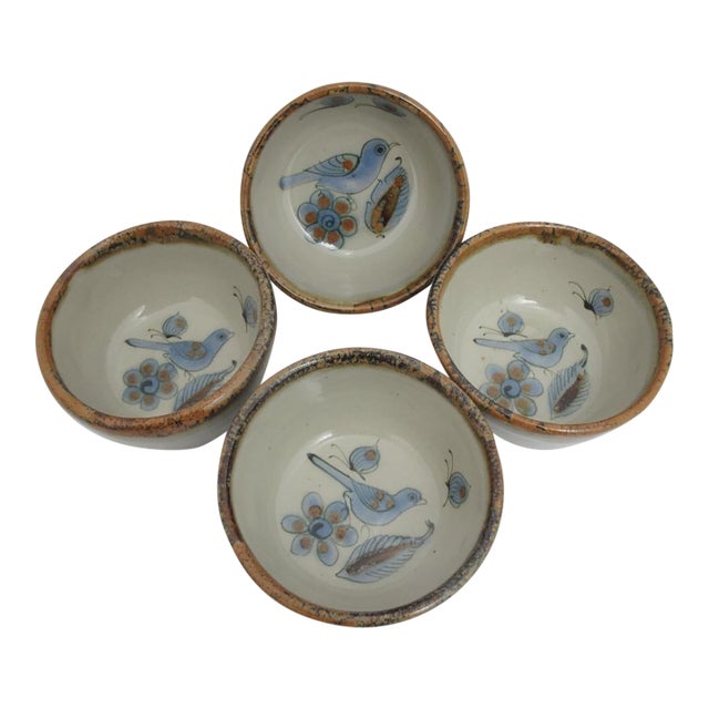 El Palomar Blue Bird Tonala Mexico Ken Edwards Stoneware Pottery Small Bowl Set For Sale