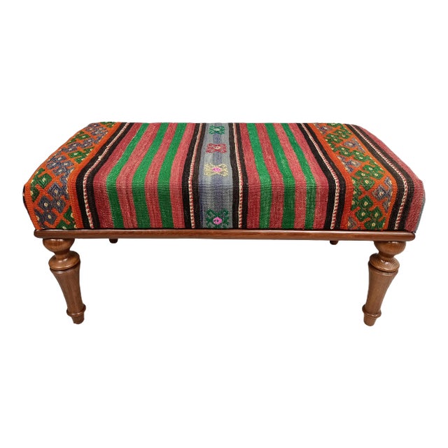 Bohemian Kilim Upholstered Padded Piano Bench For Sale