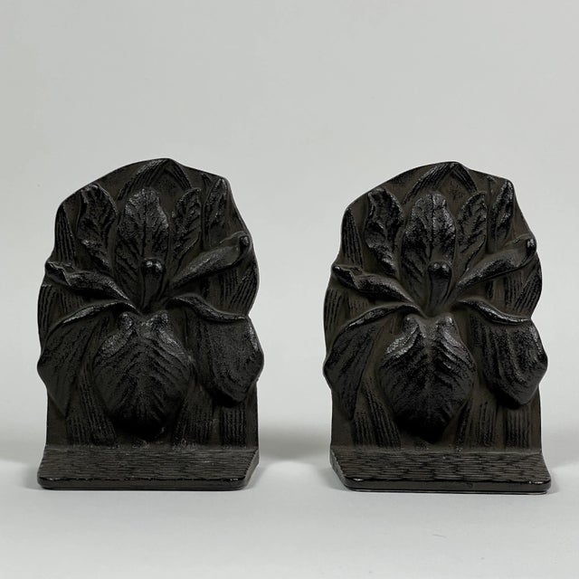 Metal Vintage Art Nouveau Style Japanese Cast Iron Iris Flower Bookends For Sale - Image 7 of 7