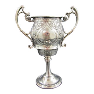 1900s Victorian Silver Plated Trophy Cup Cast Scroll Handles Chased Floral Design For Sale