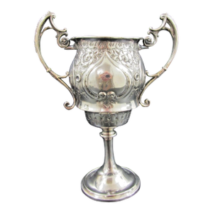 1900s Victorian Silver Plated Trophy Cup Cast Scroll Handles Chased Floral Design