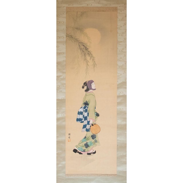 "Beauty Walking Under the Moon", Early Showa Era Japanese Silk Scroll Painting For Sale - Image 18 of 18