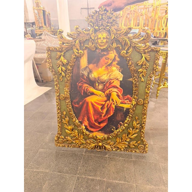 1960s Vintage Grand French Rococo Lady Portrait Wall Art with Sage Green Panels For Sale - Image 5 of 8
