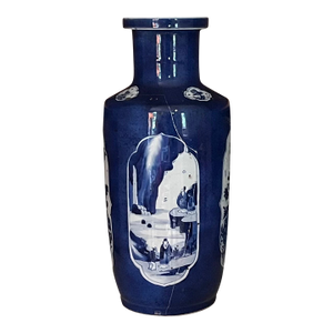 Antique Early 18th Century Chinese Powder Blue Kangxi Period Porcelain Rouleau Vase Circa 1700