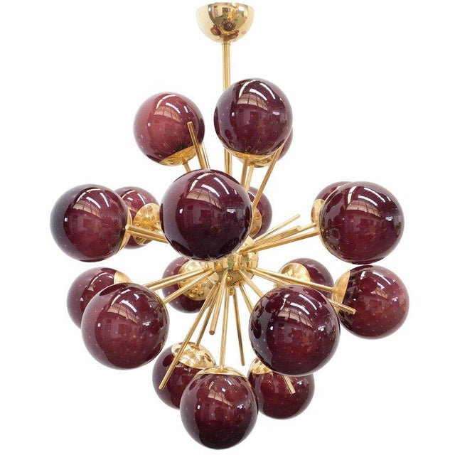 Italian sputnik chandelier with 18 frosted amethyst Murano glass globes carefully hand blown with bubbles inside the glass...
