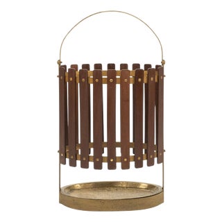 Mid-Century Umbrella Stand in Teak and Gilded Iron, Italy, 1960s For Sale