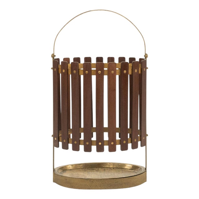 Mid-Century Umbrella Stand in Teak and Gilded Iron, Italy, 1960s For Sale