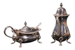 C.1950 Vintage English Silverplate Mustard Pot & Pepperette Tableware Set