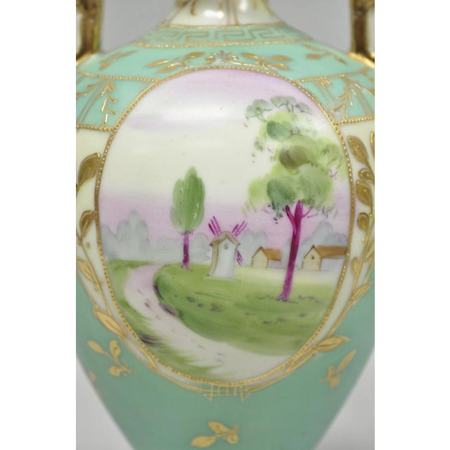 Antique Nippon Porcelain Hand Painted Windmill Scene Green Small Bolted Vase (B) For Sale - Image 4 of 15