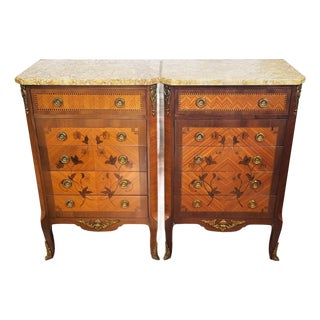 Pair Antique French Louis XV Style Inlaid & Sienna Marble Chest Commodes Signed For Sale