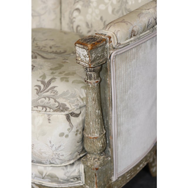 Pair 18th Century French Louis XVI Distressed Painted Bergères For Sale - Image 13 of 17