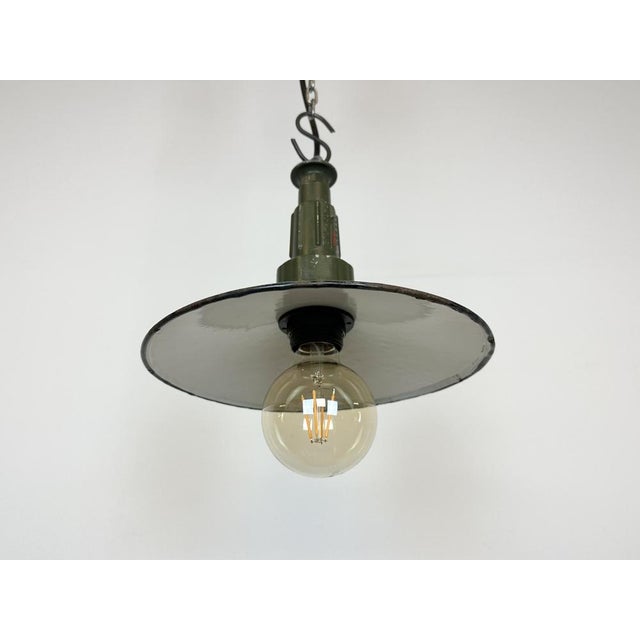 Metal Industrial Enameled Military Pendant Lamp with Cast Aluminium Top, 1960s For Sale - Image 7 of 16