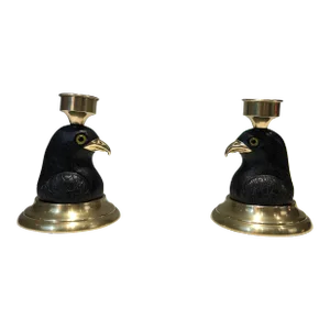 1970s Candlesticks Representing Carved Wooden Eagles With Brass Beaks and Glass - a Pair