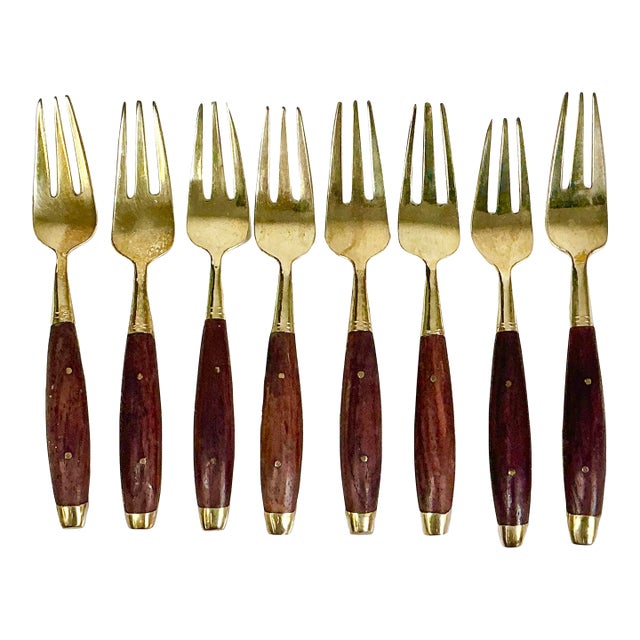 1950s Vintage Hollywood Regency Chinoiserie Appetizer-Dessert Brass & Rosewood Forks - Set of 8 For Sale