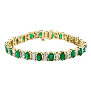 12 Carat Natural Emerald & 1 Carat Diamond Tennis Bracelet 14 Kt Yellow Gold For Sale