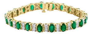 12 Carat Natural Emerald & 1 Carat Diamond Tennis Bracelet 14 Kt Yellow Gold