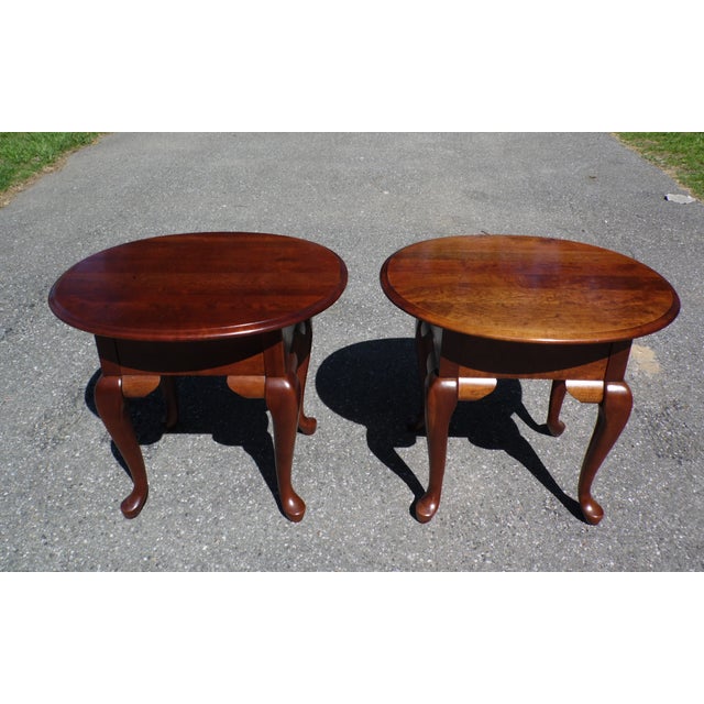 Pair Broyhill Queen Anne Style Solid Cherry Oval End Tables Nightstands