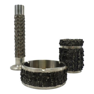Brutalist Metal Ashtray with Cigarette Box and Vase from BMF, Germany, 1970s, Set of 3 For Sale