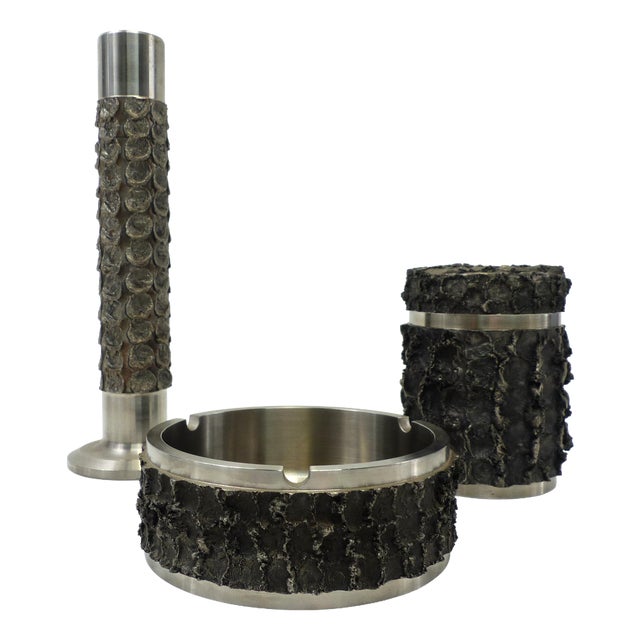 Brutalist Metal Ashtray with Cigarette Box and Vase from BMF, Germany, 1970s, Set of 3 For Sale