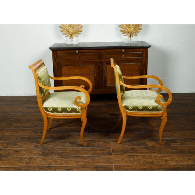 Brown Pair of English 1830s Regency Walnut Upholstered Armchairs with Scrolling Arms For Sale - Image 8 of 10