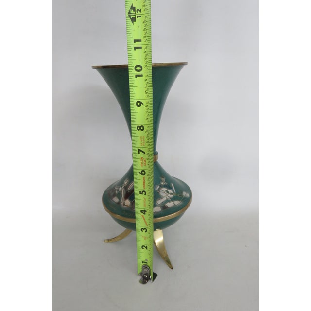 Mid Century Green Enameled Brass Tripod Vase Made in Israel Figural Motif 5002b For Sale - Image 13 of 14