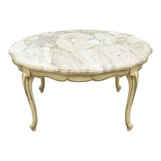 1960s Vintage French Provincial Style Marble Top Cream Painted Round Coffee Table For Sale