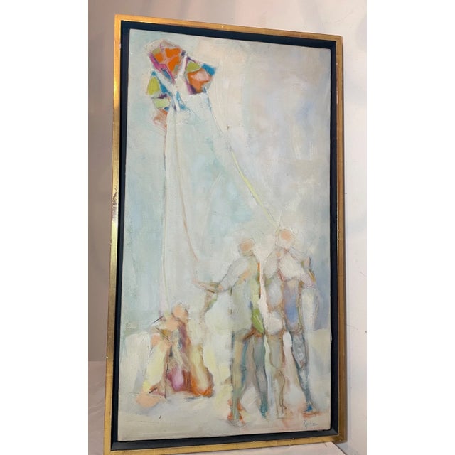 Abstract Antique Original Spitz Abstract Pop Figures Flying Kites Oil Painting on Canvas For Sale - Image 3 of 16