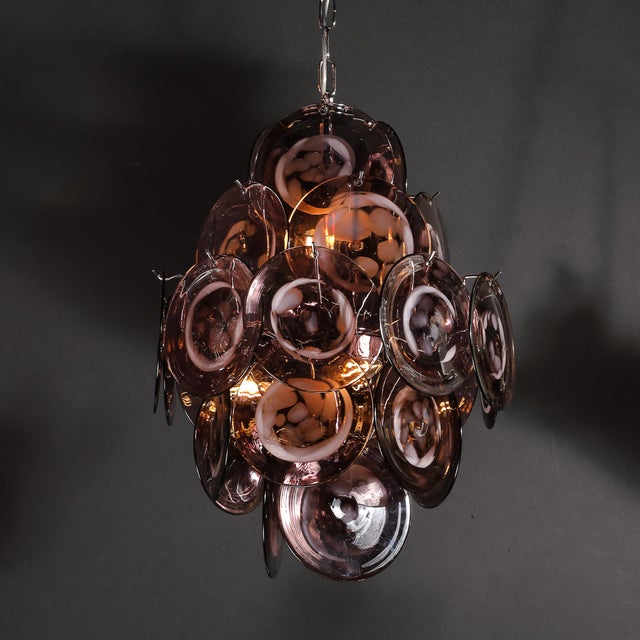 Modernist Hand-Blown Smoked Mauve Spotted Murano Glass Five-Tier Disc Chandelier For Sale - Image 16 of 18
