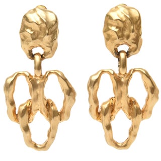 Gold Plated Textural Pair of Sculptural Clip on Dangle Earrings