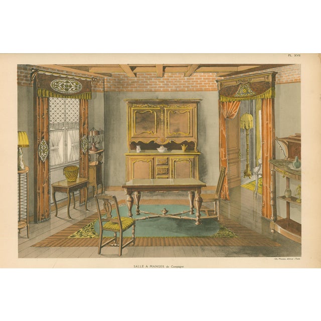 Original French decorative-arts interior plate, Plate XIII, titled Salle à Manger de Campagne and showing furnishings and...