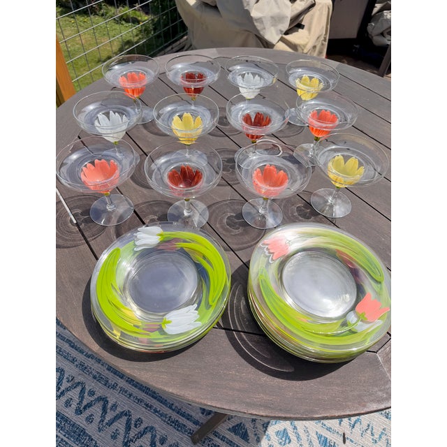 Mid 19th Century Vintage Hand Painted Tulip Glass Shrimp Cocktail Set For Sale - Image 5 of 11