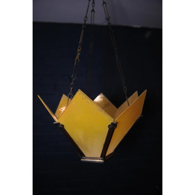 1920s Vintage Art Deco Brass Crown-Shaped Pendant Light with Yellow Frosted Glass Panes For Sale - Image 5 of 7