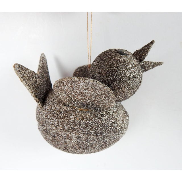 Vintage Silver Glitter Paper Mache Bird Christmas Ornament a Pair