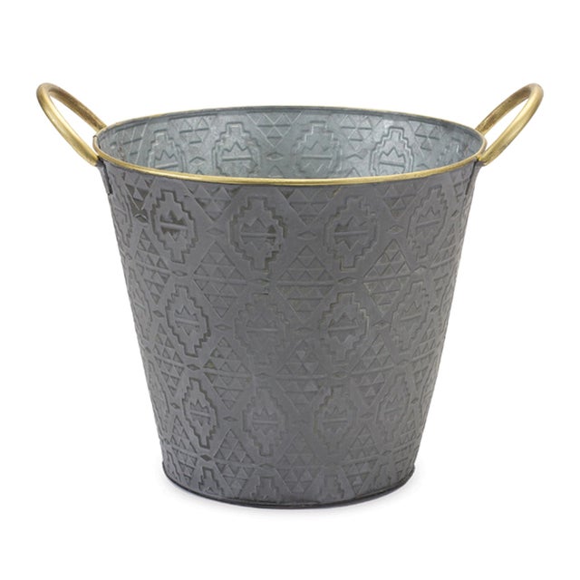 Elevate your plant display with this stylish Set of Metal Aztec Pail Planters. Crafted from durable metal and finished in...