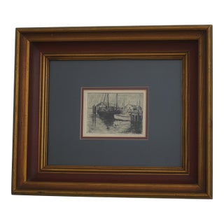Vintage Ship Boat Dock Black & White Pencil Etching (Signed) For Sale