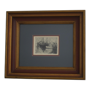 Vintage Ship Boat Dock Black & White Pencil Etching (Signed)